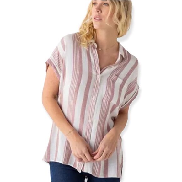 THREAD & SUPPLY DUSTY PINK STRIPED SHORT SLEEVE BUTTON DOWN LINEN SHIRT SMALL - Picture 1 of 8